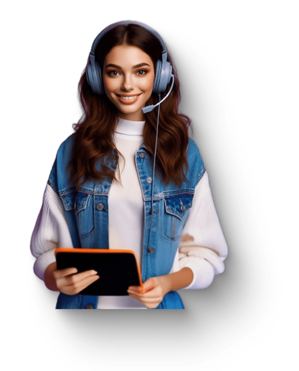 Smiling course creator with headphones holding a tablet