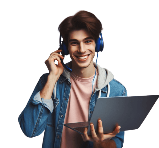 Smiling student with headphones holding a laptop